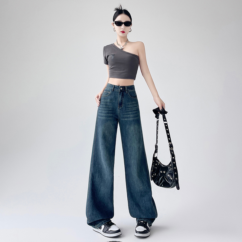 High-quality ultra-soft yarn drooping retro wide-leg jeans loose high-waist drooping floor pants nine-point trousers extended