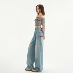 Spring and summer American retro scimitar denim | letter embroidery | spliced ​​loose wide-leg jeans trousers extended