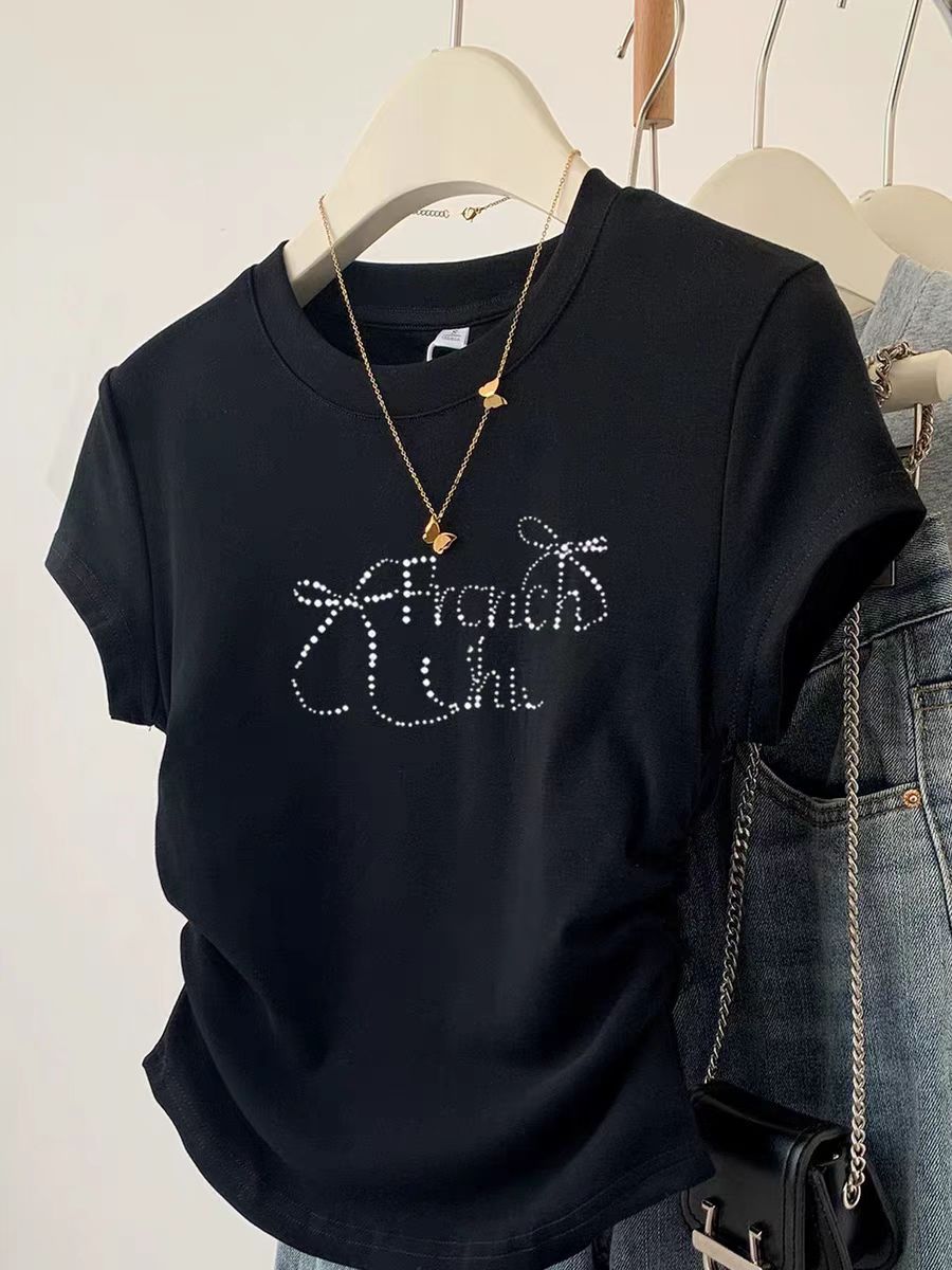 Pure cotton high elastic pleated waist small flying sleeve short sleeve T-shirt for women in summer new slim T-shirt top
