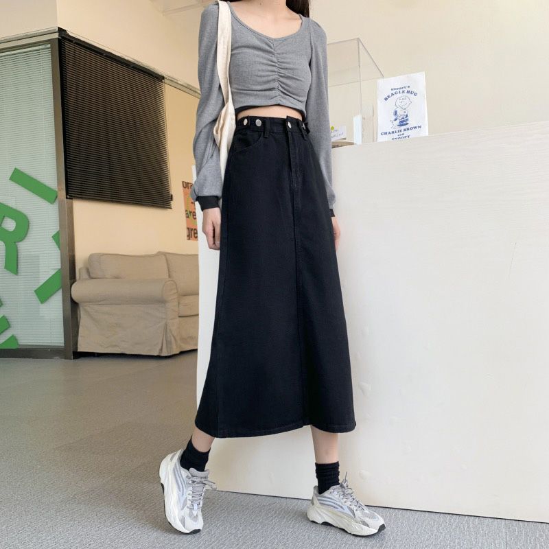 New spring and summer rear slit denim skirt for women with niche drapery slim and adjustable mid-length denim skirt
