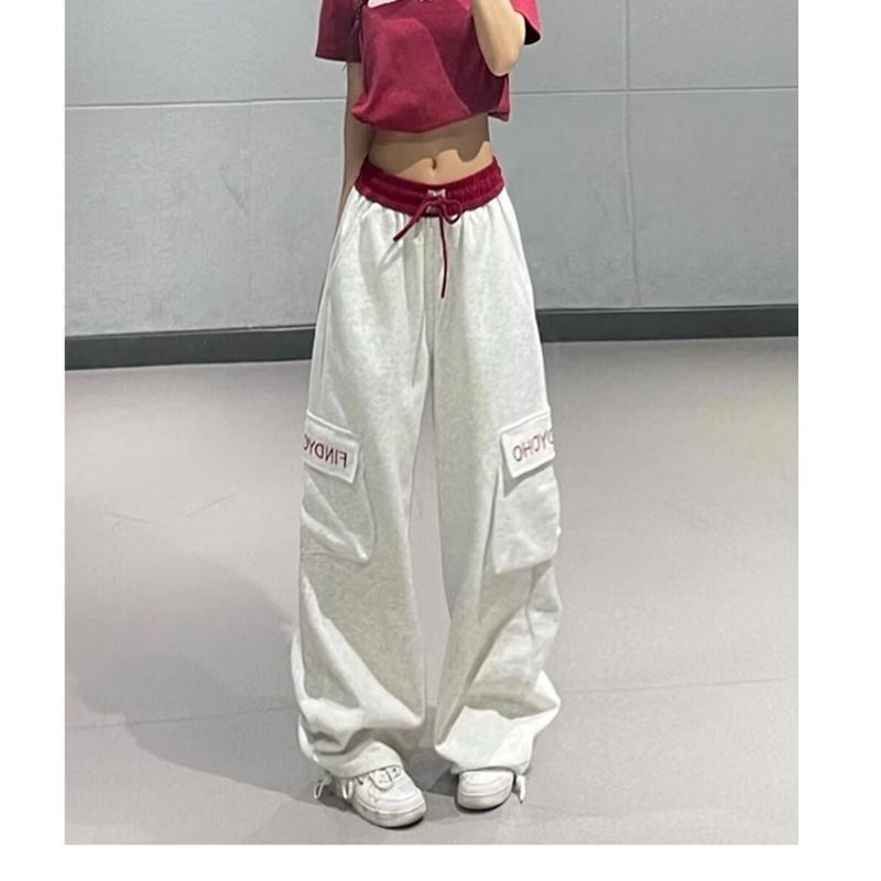 西海岸闊腿運動衛褲女爵士工裝直筒休閒褲春季美式寬鬆拖地長褲子