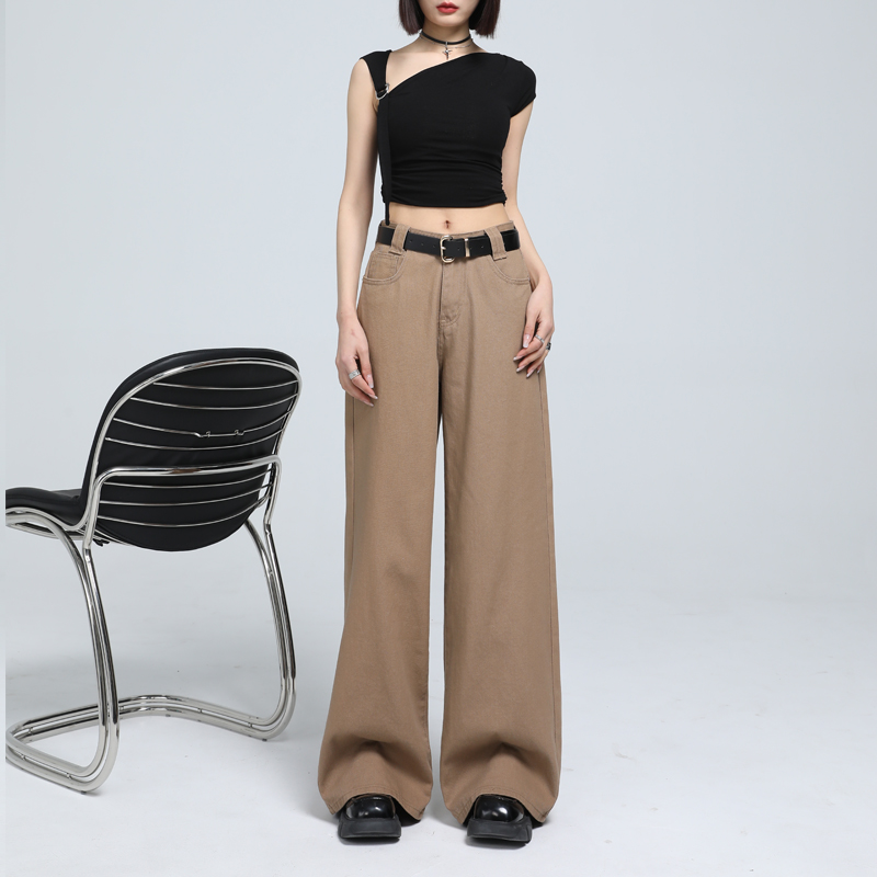 Latte brown loose wide-leg pants~ Easy to control mid-waist floor jeans and nine-point trousers extended for various occasions