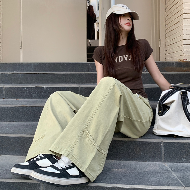 American khaki wide-leg scimitar pants design multi-structure loose light khaki floor trousers & lengthened