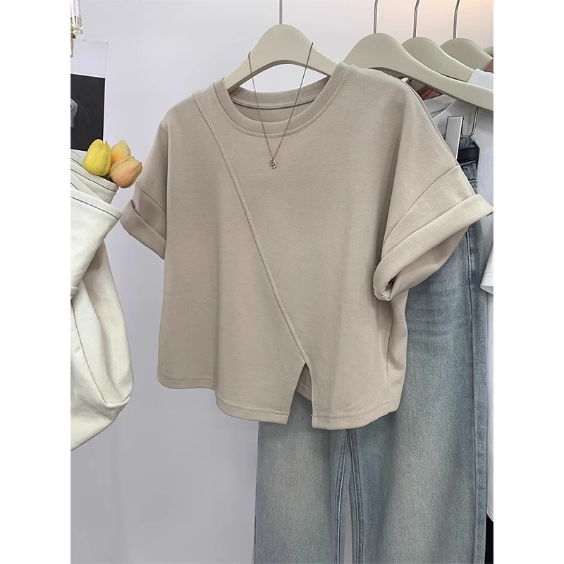 Official photo of cool silk cotton irregular slit rag-sleeved short-sleeved T-shirt for women's summer short pure cotton top