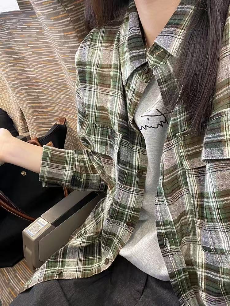 春季新款韓系慵懶風綠色格子襯衣女百搭休閒襯衫寬鬆顯瘦長袖上衣