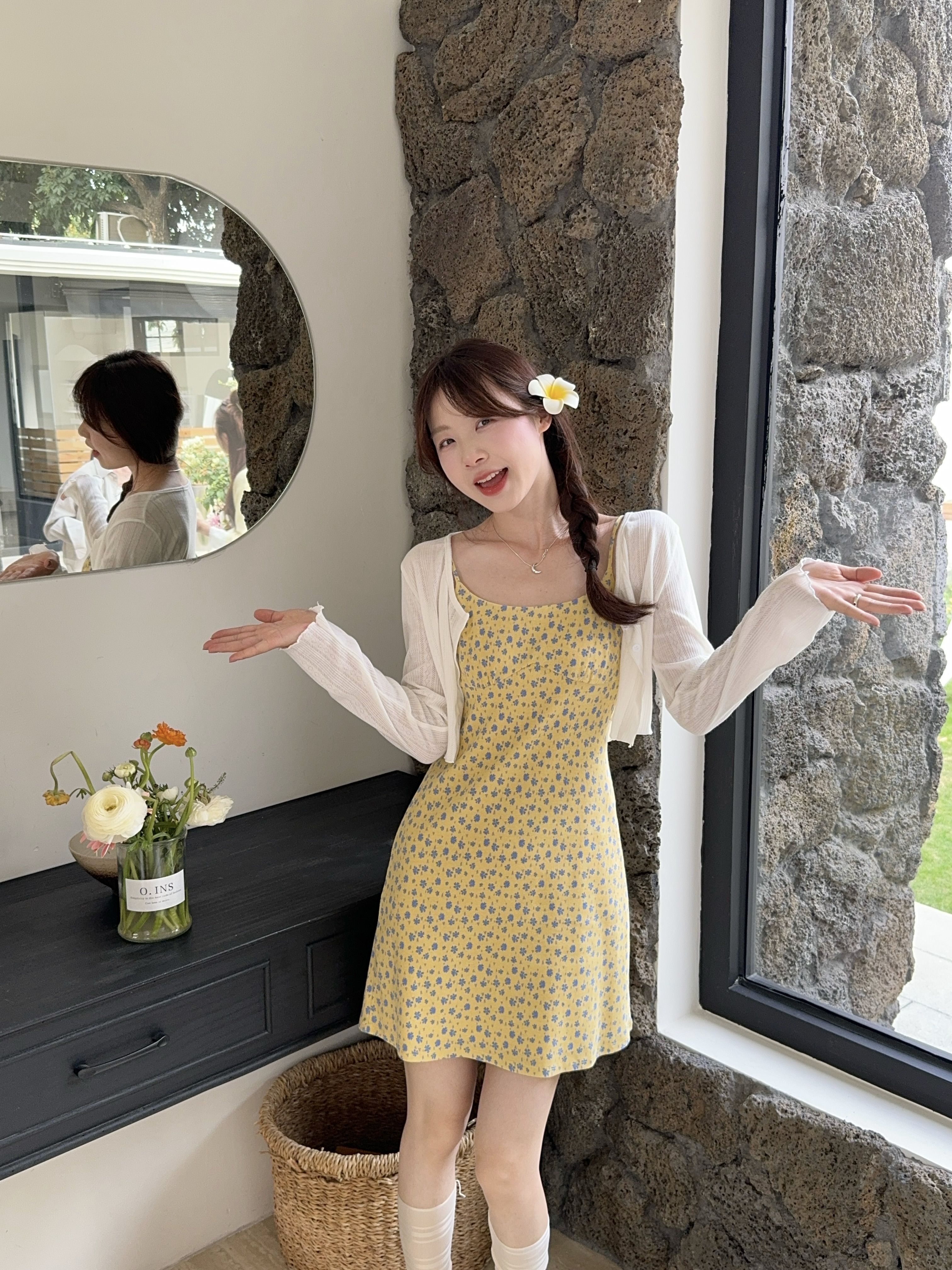 Real photos of summer floral slim suspender slim U-neck dress + versatile knitted cardigan jacket two-piece set