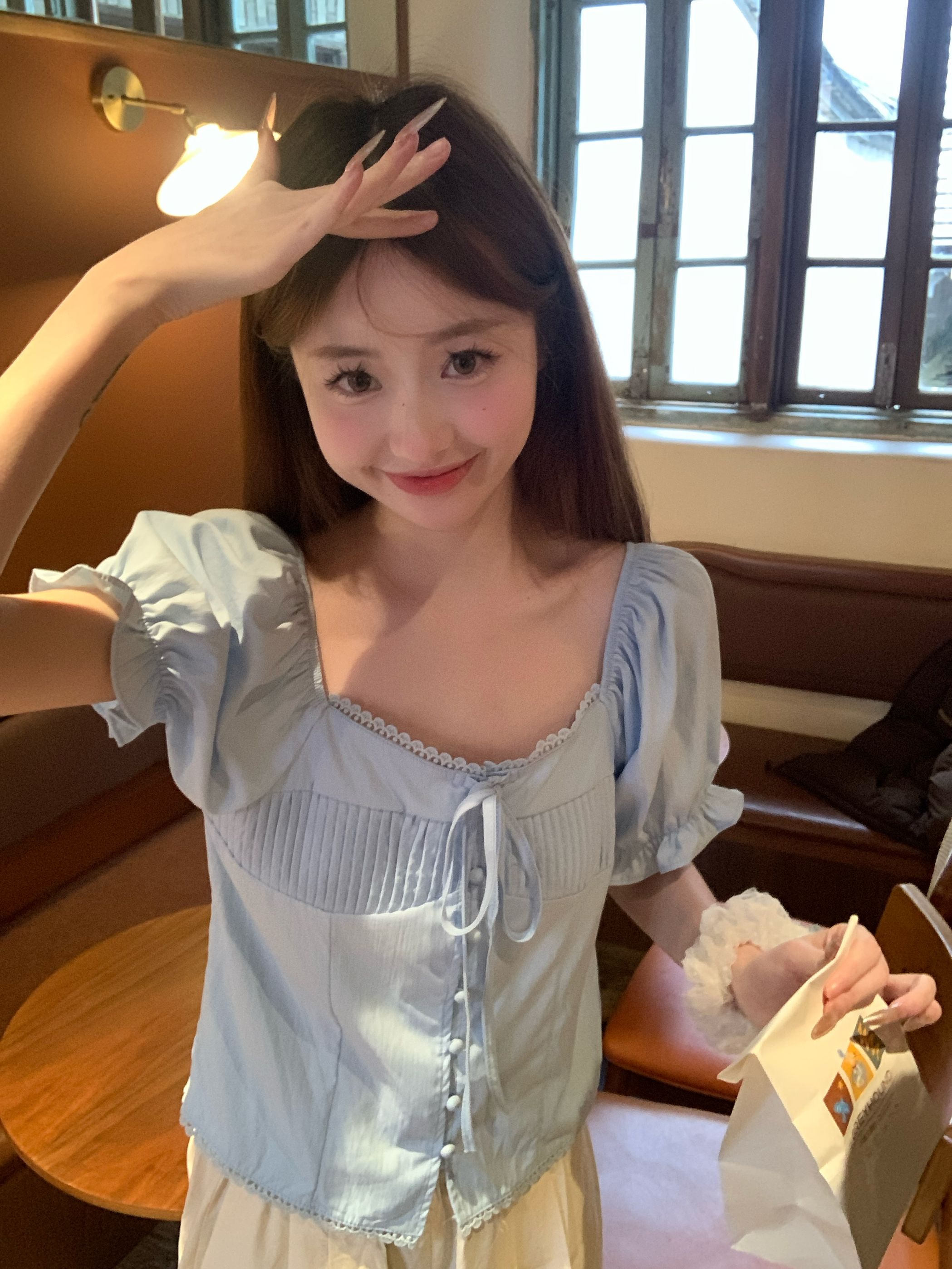 Real photo Korean version of puff sleeve white short-sleeved shirt for women in summer gentle style design and slim-split shirt