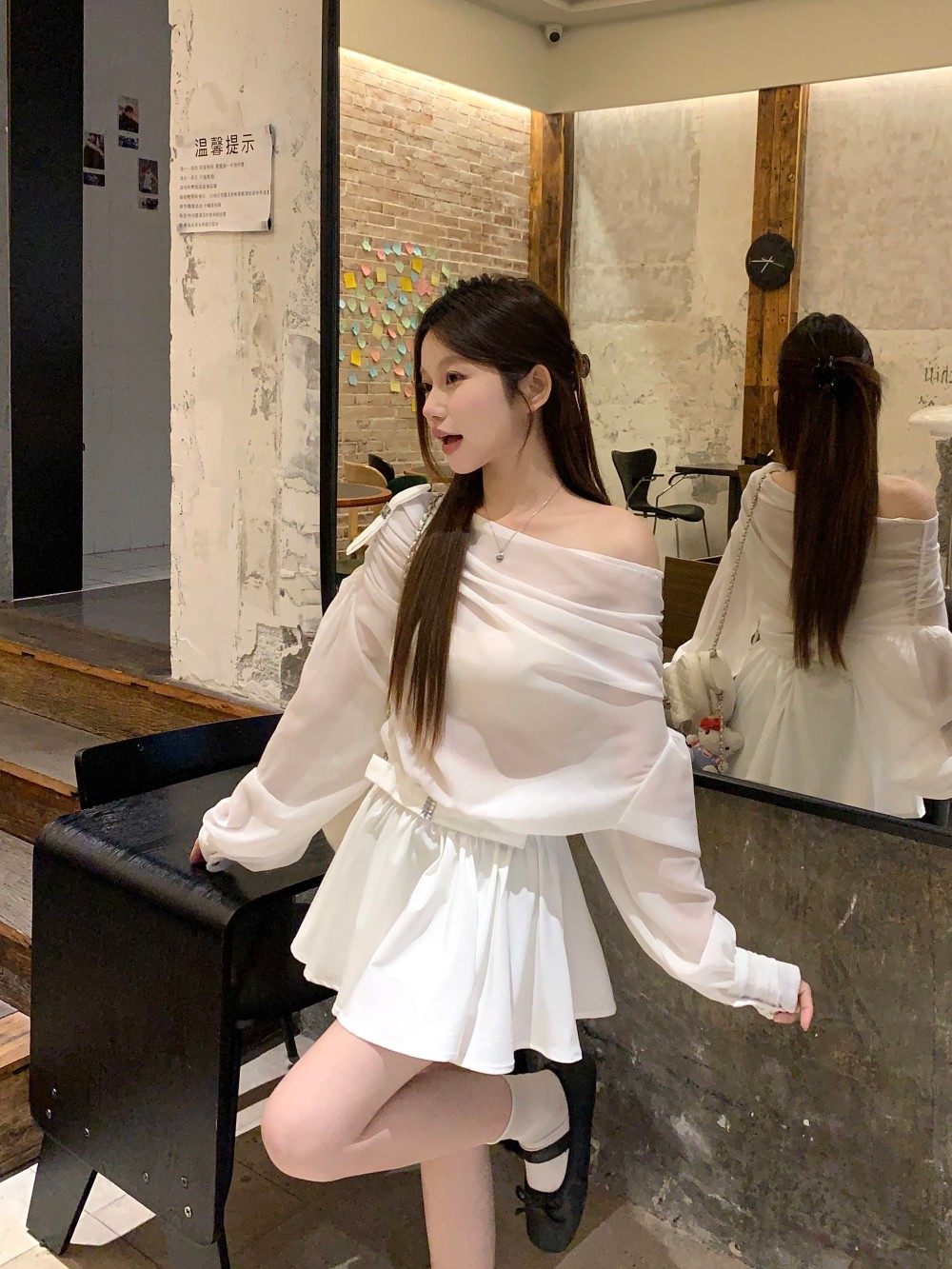 Real photo of pure desire bow design sexy slanted shoulder long sleeve shirt top for women's spring high waist skirt two-piece set