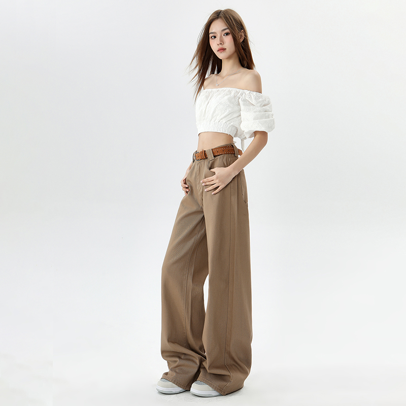 Latte brown loose wide-leg pants~ Easy to control mid-waist floor jeans and nine-point trousers extended for various occasions