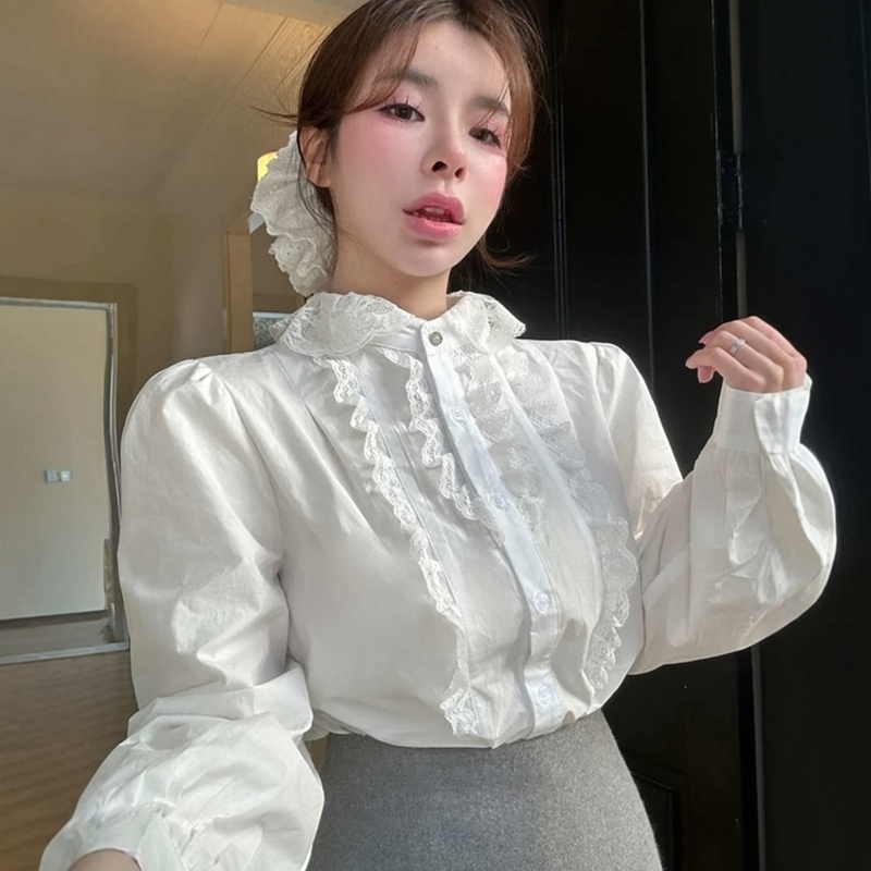 100% cotton temperament gentle lace edge round neck long sleeve white shirt top for women 2025 spring new style