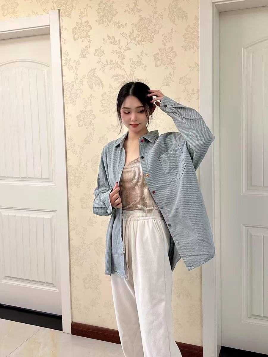 韓系彩色紐扣條紋襯衫女春秋設計感洋氣小眾開春長袖襯衣外套