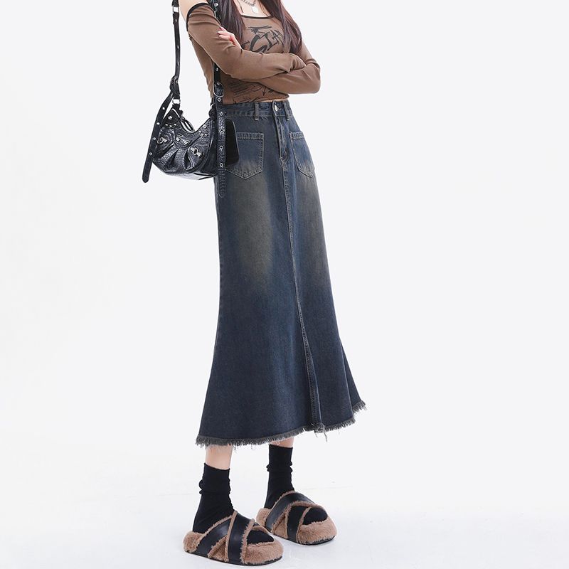 Personalized Harajuku style denim skirt for women in spring and autumn new high-waisted slim and tall A-line ins mid-length denim skirt