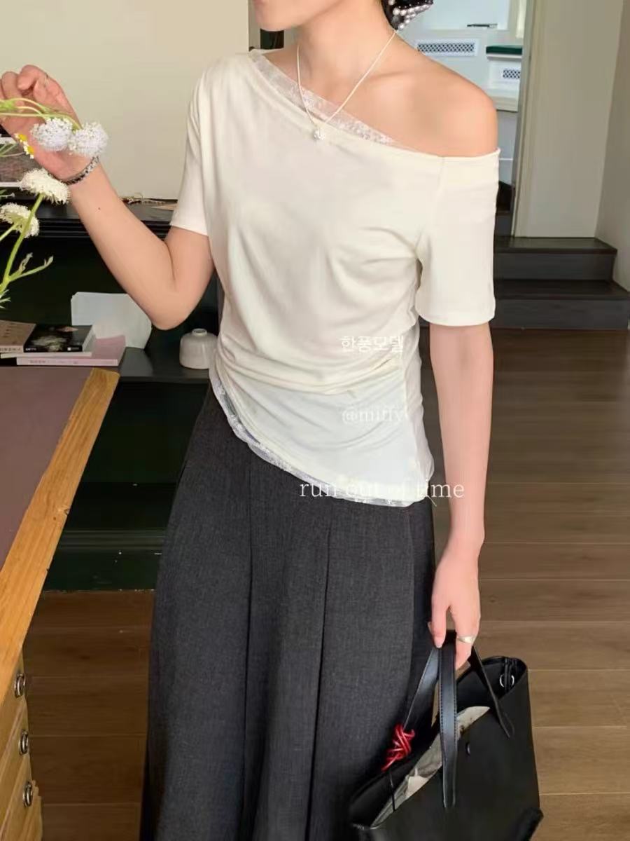 蕾絲花邊拼接露肩短袖T恤女夏季2025新款韓系溫柔設計感小眾上衣