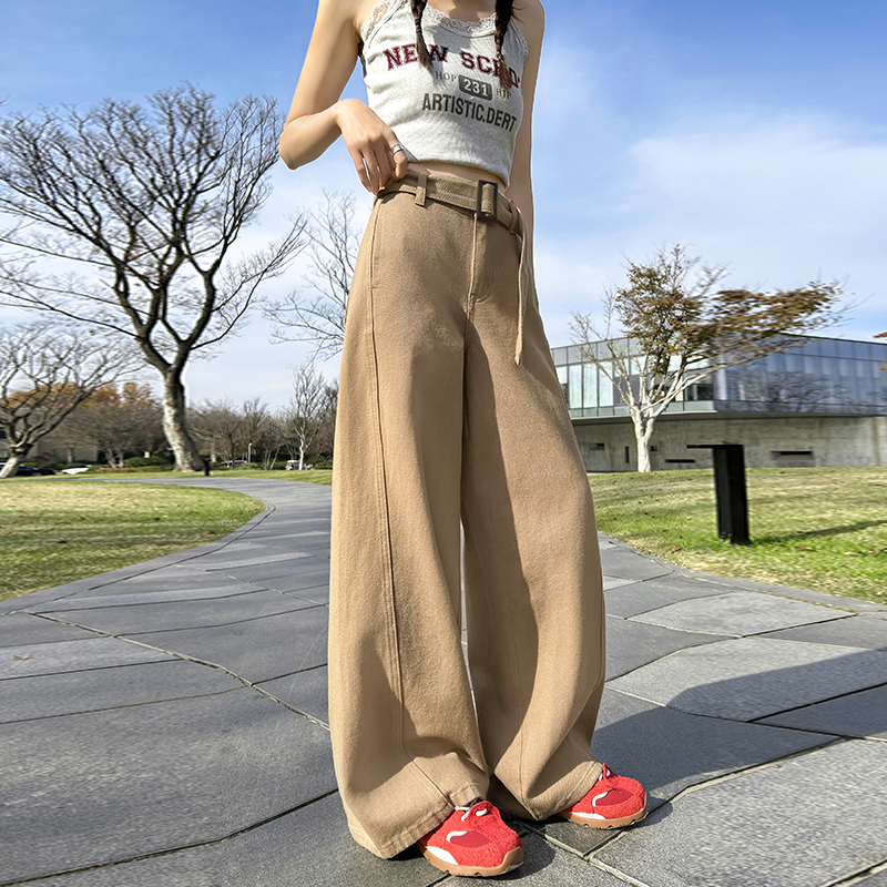 Lazy but not sloppy!  3D cut wide-leg pants + removable belt!  Casual straight trousers women's jeans