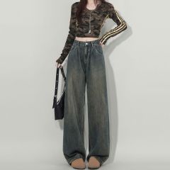 Personalized Harajuku wide-leg jeans for women in spring and autumn new trendy and versatile new high-waist loose floor jeans