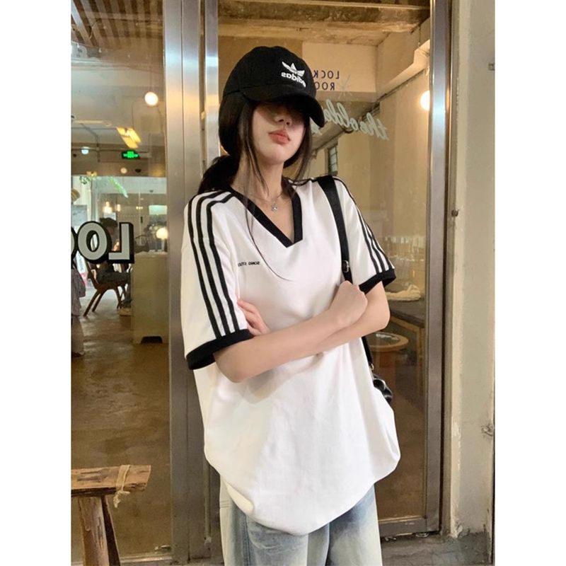 Fine shuttle 100% cotton contrast V-neck striped short-sleeved T-shirt casual versatile top student