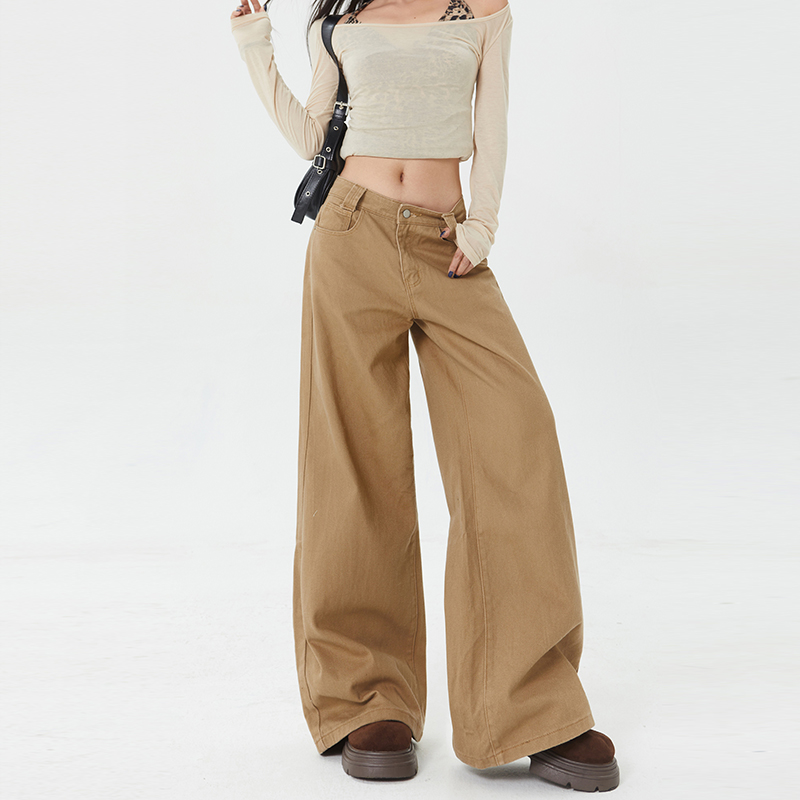Niche high-end latte brown solid color loose wide-leg mid-waist floor trousers jeans trousers & lengthened
