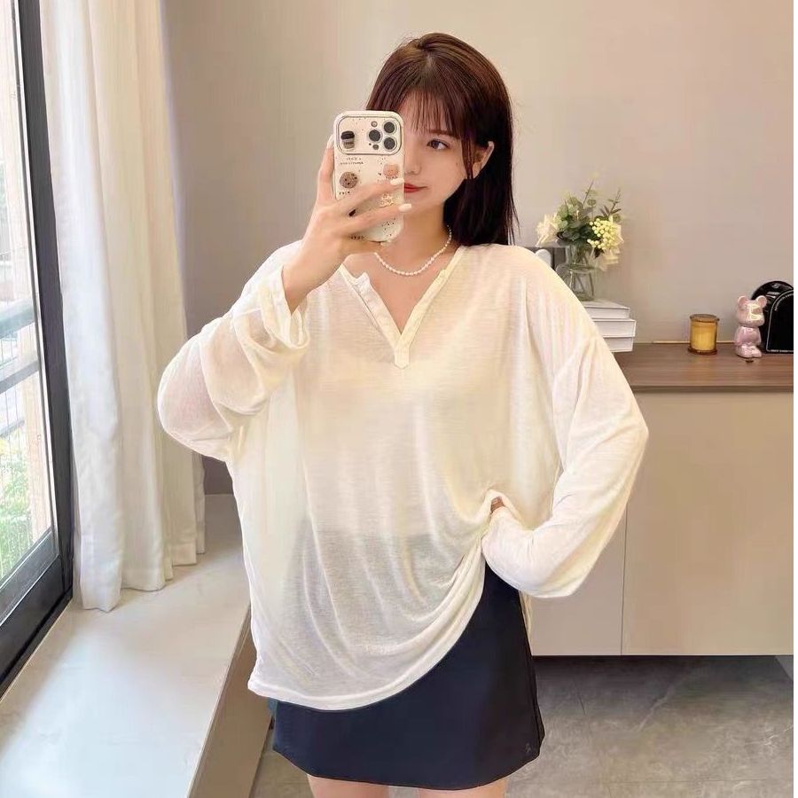 微透薄款白色v領面膜t恤女長袖夏季寬鬆防曬罩衫休閒上衣