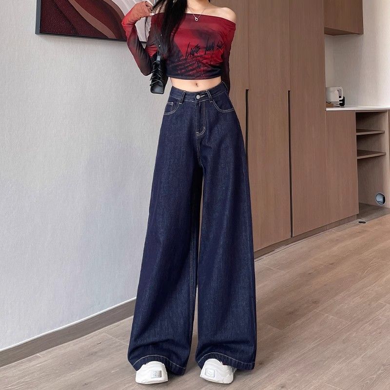 Dark blue high-waisted jeans for women in autumn new loose flesh covering to make them look slimming retro versatile drooping wide-leg pants trendy