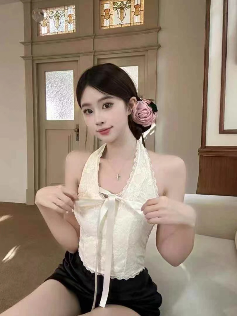蕾絲提花掛脖綁帶蝴蝶結吊帶背心內搭純欲修身露背抹胸