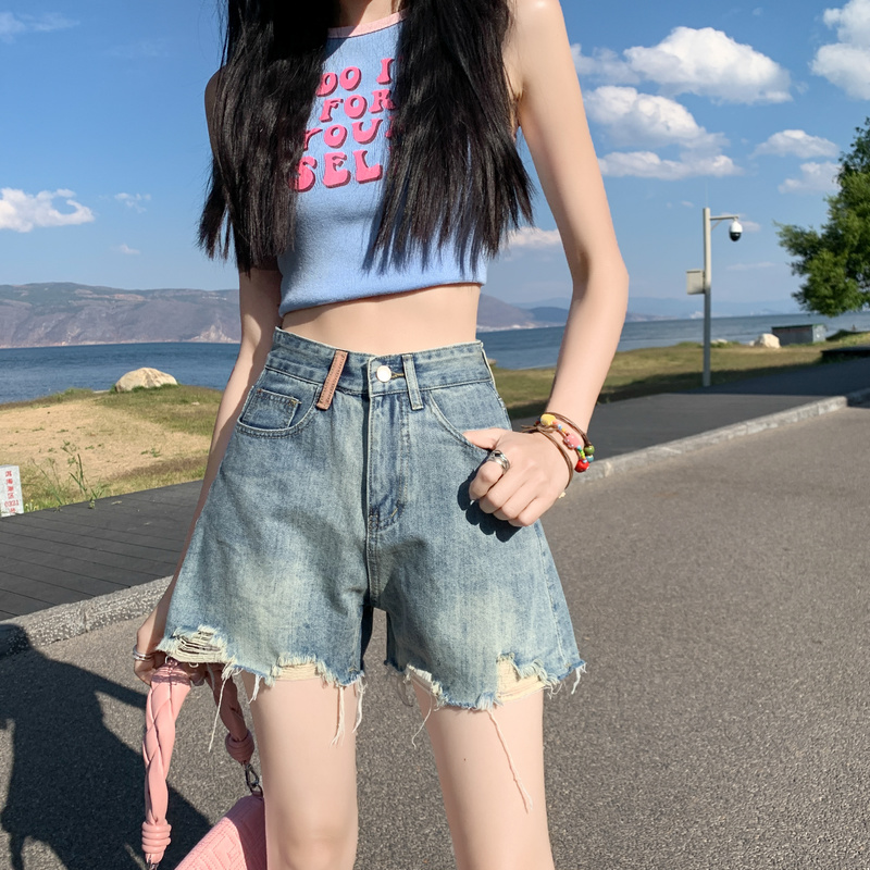 Soft fabric ripped denim shorts for women 2025 new high-waisted slimming wide-leg loose A-line hot pants trendy