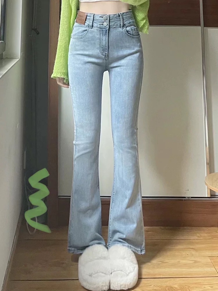 Light color high waist slightly flared jeans for women 2025 spring new slim fit slim small elastic bell-bottom pants