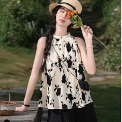 設計感圓領後系帶夏季法式背心吊帶新款別致無袖掛脖上衣女