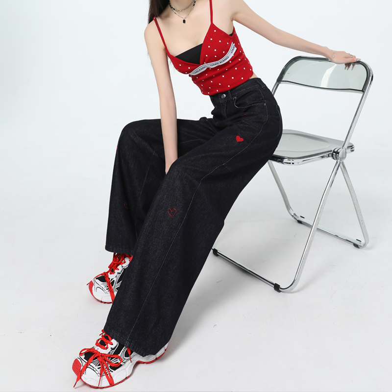 Heart-wrenching hidden in the stitches~Love embroidered wide-leg pants walk with a sense of atmosphere and make you look slim straight-leg pants