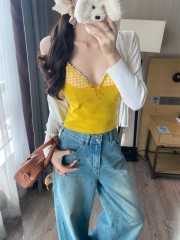 實拍 夏季新款性感純欲甜美彩格交叉胸衣吊帶背心辣妹兩件套