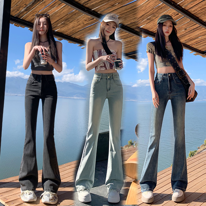 High-end gray double-buckle elastic ~ Exclusive micro-flare jeans for small people with high waist loose slimming stretch straight pants