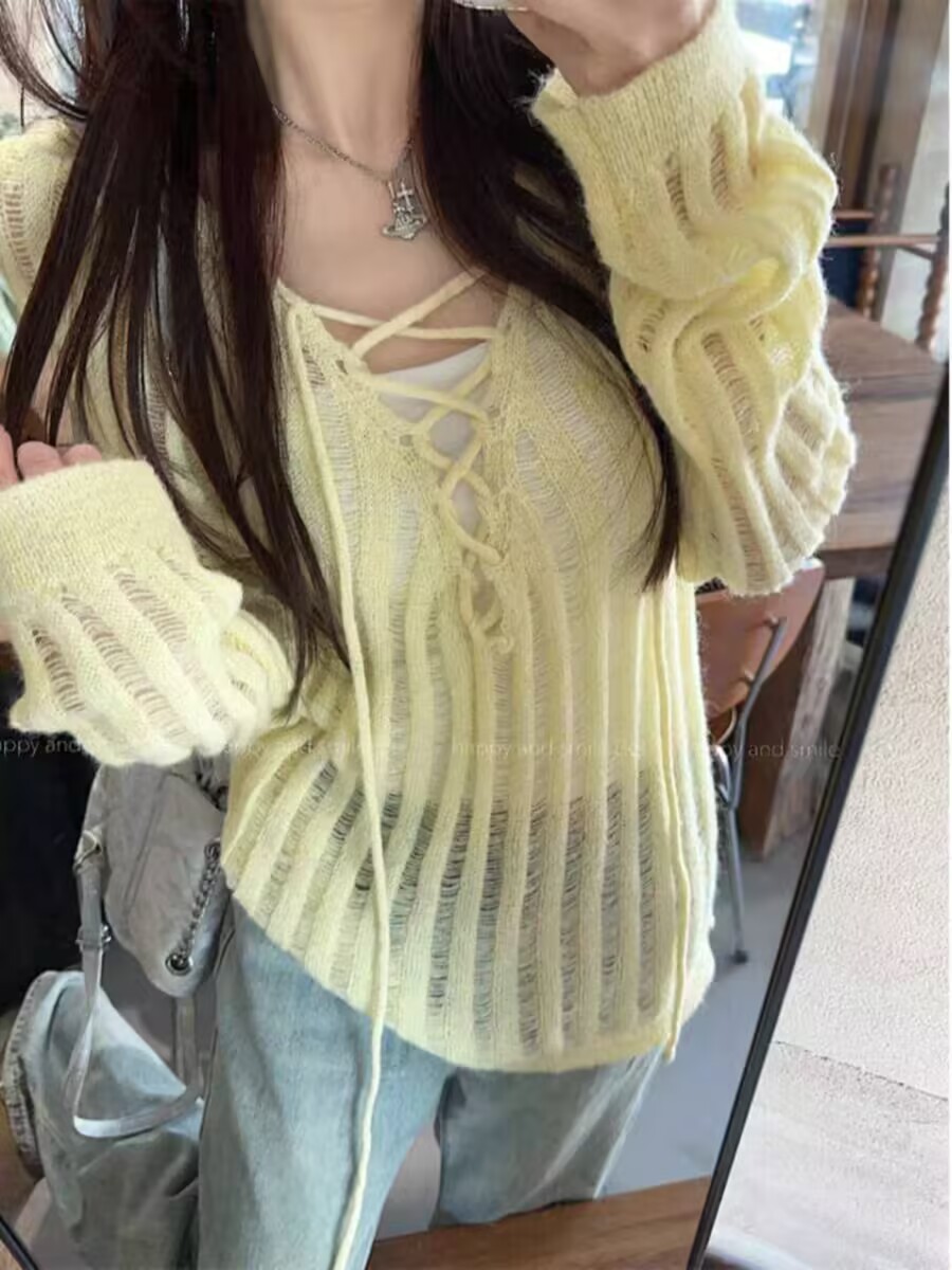 2025 Korean Sweet Girl Style Long-Sleeve Shoulder-Strap Hollow Knit Top for Women Spring Fitted Slimming Yellow Top