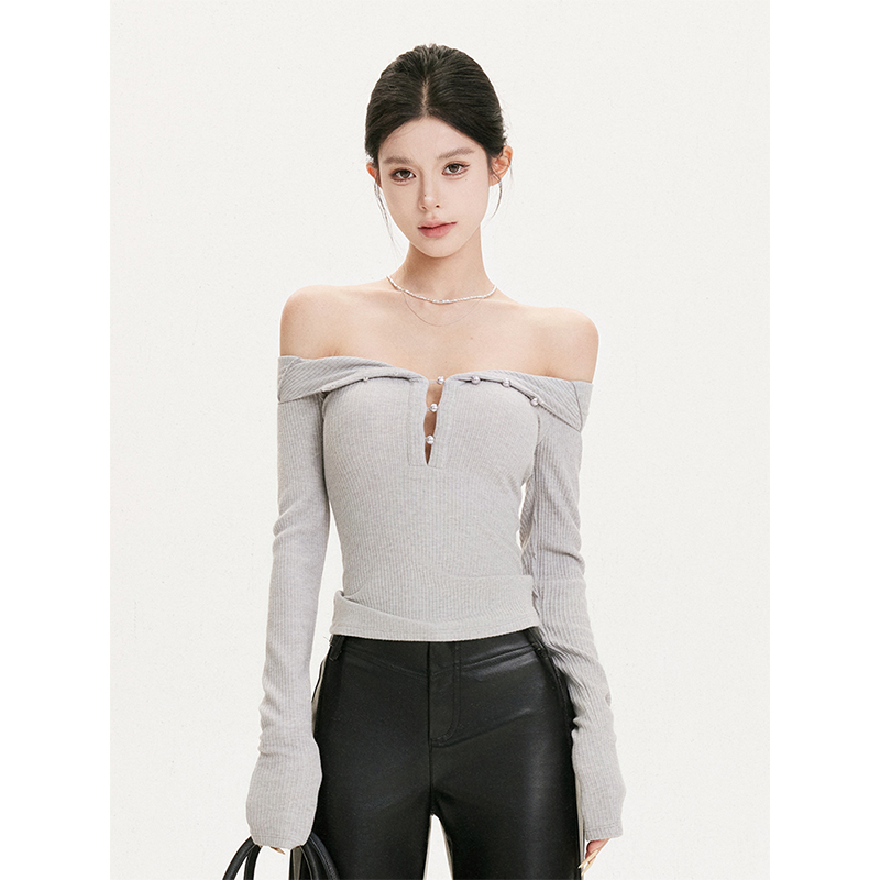 Korean cotton, wear more French sexy tops for women with long sleeves, off-shoulder base shirt, slim hot girl top