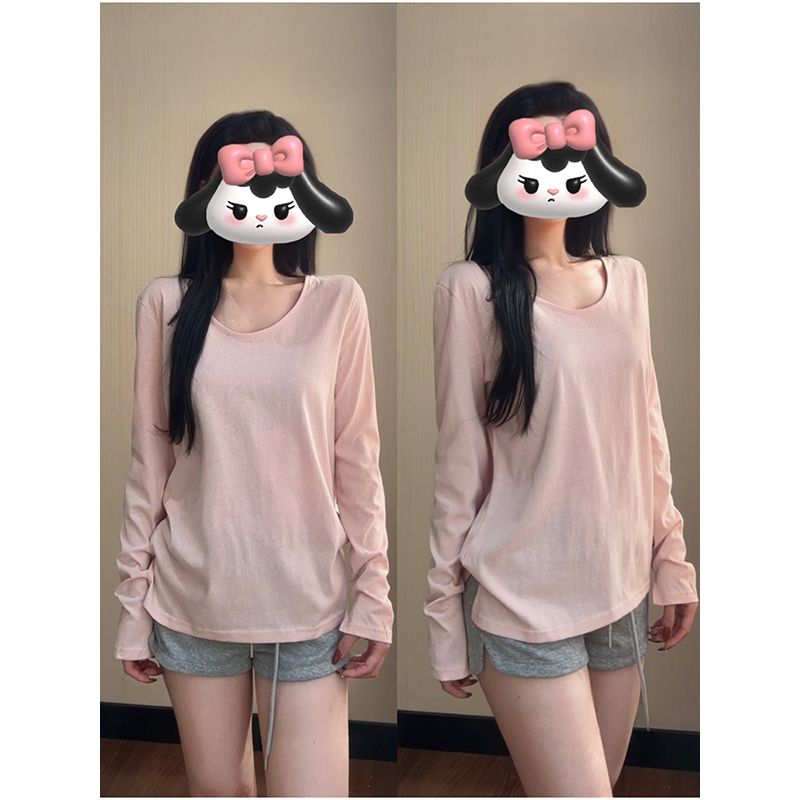 Pink Korean version long-sleeved T-shirt base shirt for women in spring and autumn loose inner slit lazy versatile u-neck top
