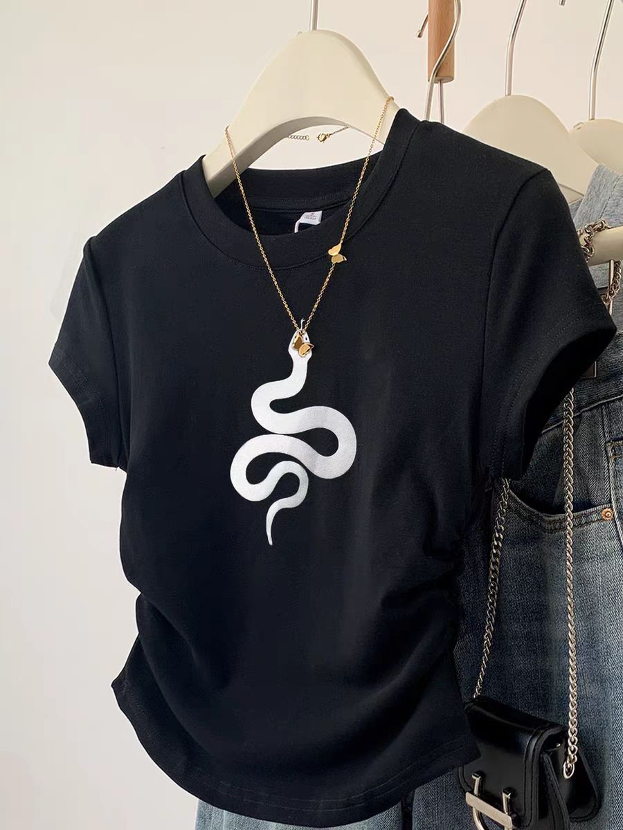 Pure cotton high elastic pleated waist small flying sleeve short sleeve T-shirt for women in summer new slim T-shirt top