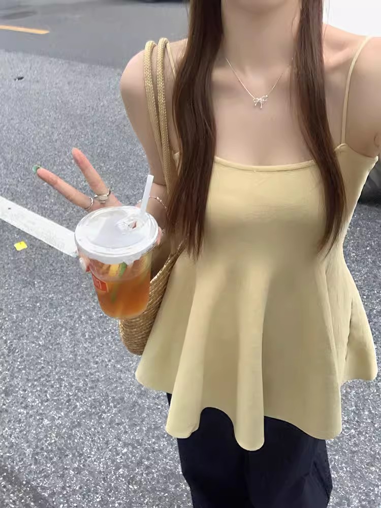 烏77甜辣風純色無袖吊帶背心女設計感百搭顯瘦度假風小個子上衣夏