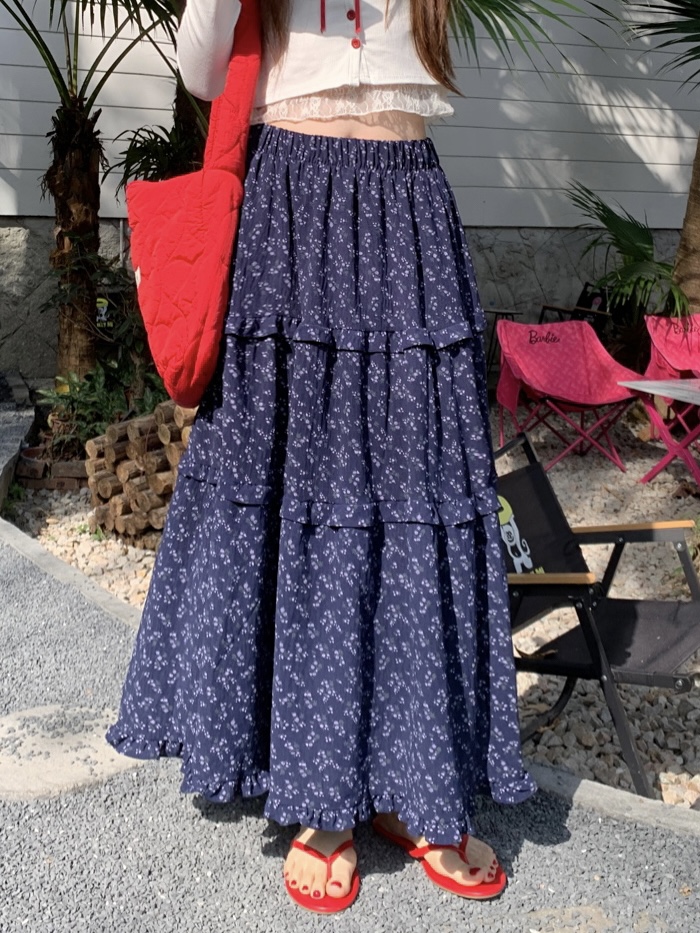 Real shot New Korean version high-waisted retro floral ears fluffy cake skirt