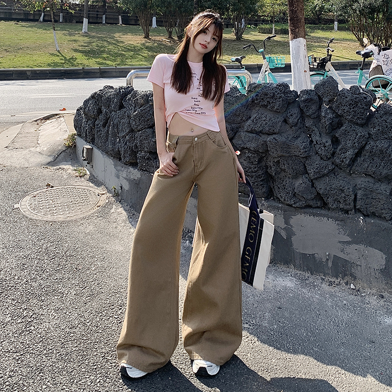 Latte brown loose wide-leg pants~ Easy to control mid-waist floor jeans and nine-point trousers extended for various occasions