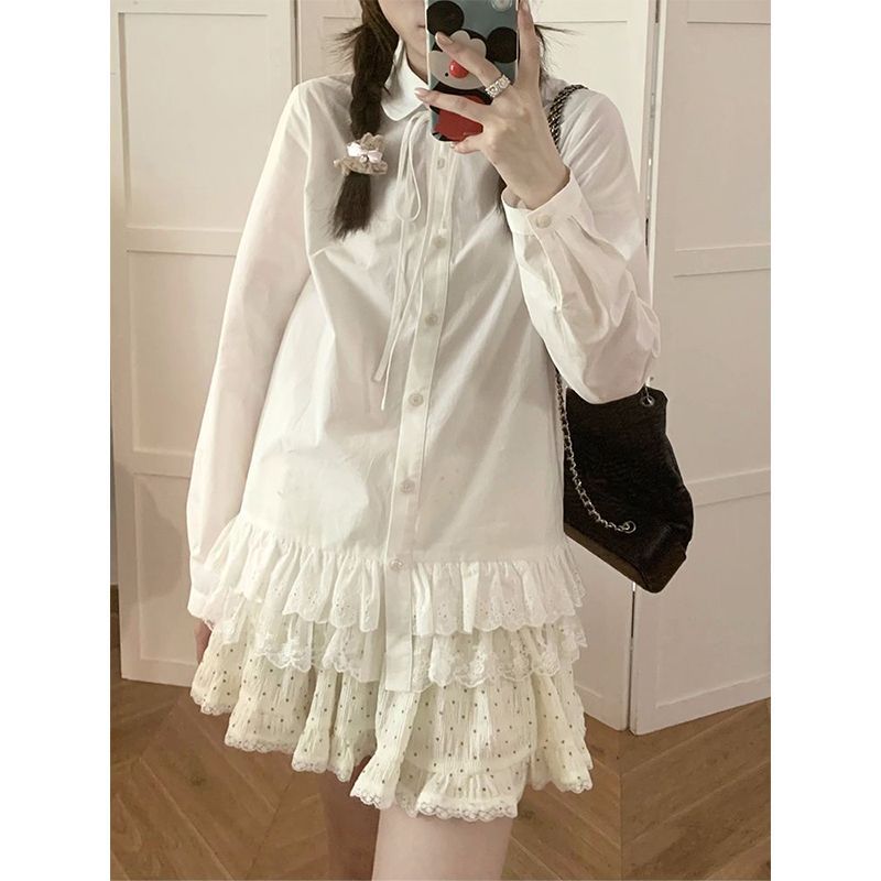 Complete three-standards--pure cotton hem design white shirt for women's spring and autumn new style underwear