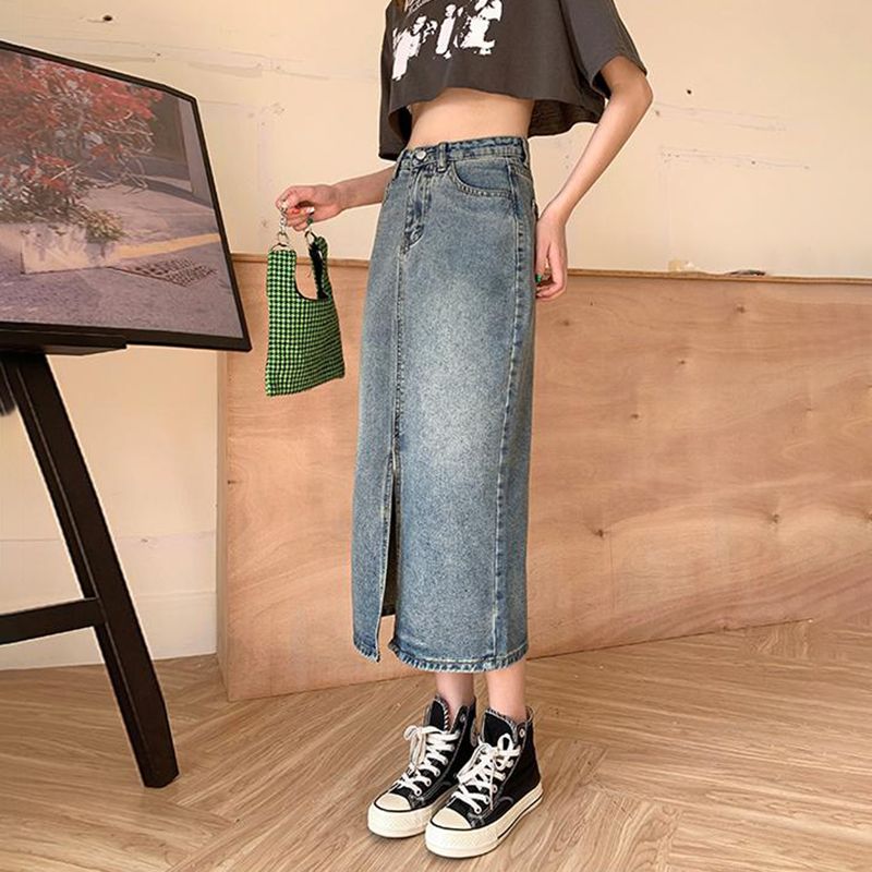 Personalized denim skirt for women in spring and summer Korean style high waist loose front slit A-line hip mid-length denim skirt