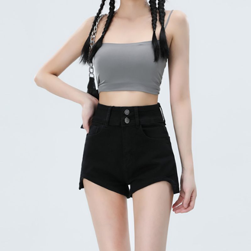 Casual simple double button high waist double button irregular straight jeans women's design and personalized versatile denim shorts