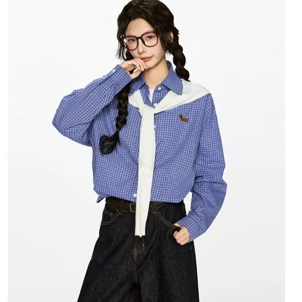 Puppy embroidery design 2025 spring and autumn blue plaid shirt for women commuting casual versatile top