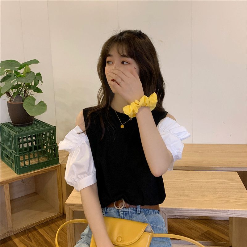 2025 new Korean version of the scheming hollow off-shoulder design feels sunny loose short-sleeved T-shirt