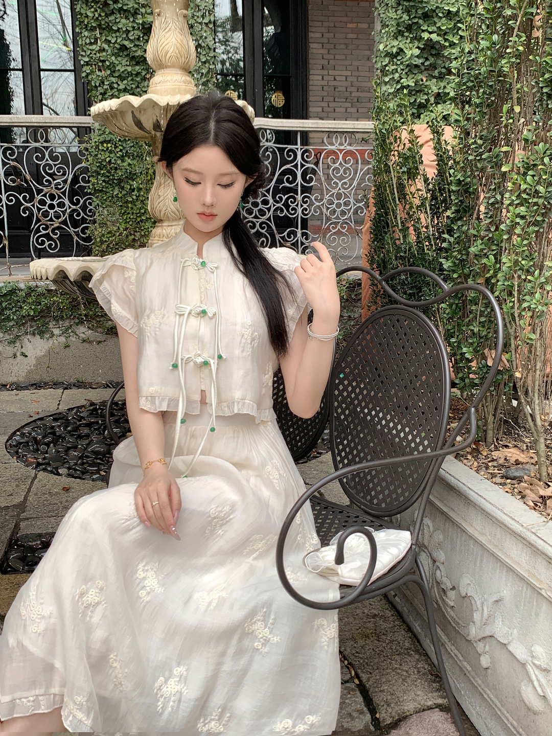 實拍新中式流蘇盤扣氣質短袖襯衫高腰半身裙女設計感時尚套裝