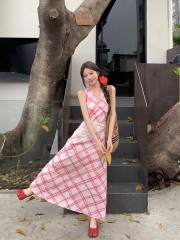 Real shot American retro plaid neck halter dress for women's summer unique slim atmosphere long skirt