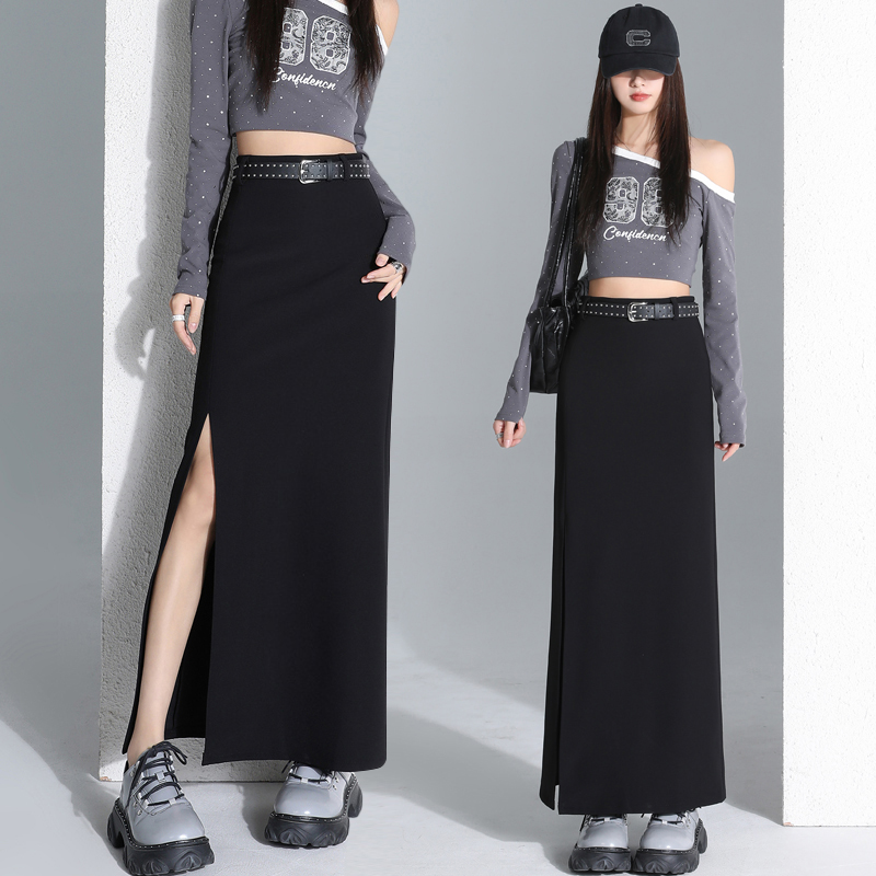 Real shot of black design-slit suit skirt for women in 2025 spring high-waisted slim mid-length hip-cover skirt