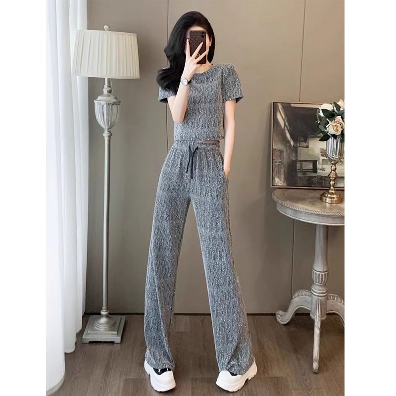 Original workmanship 2025 sports suit for women's summer fashionable slimming design leaky waist top wide-leg pants two-piece set