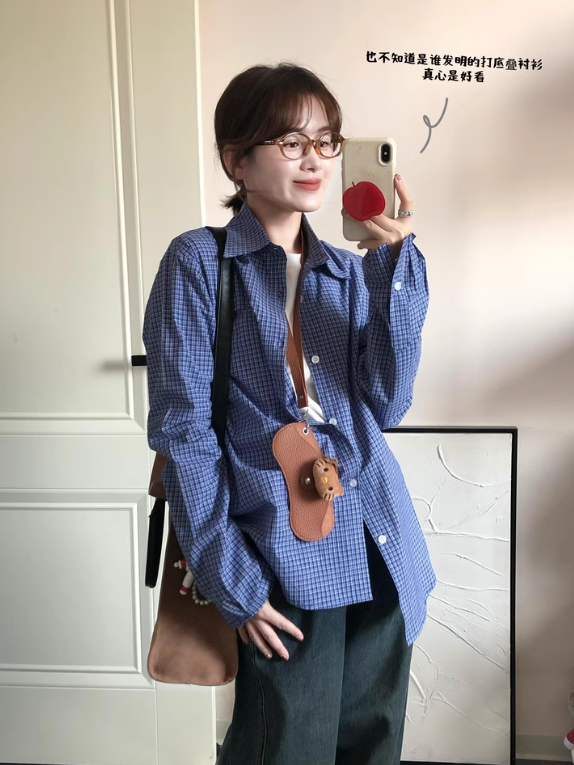 藍色格子長袖襯衫女夏季獨特超好看oversize寬鬆休閒防曬襯衣外套