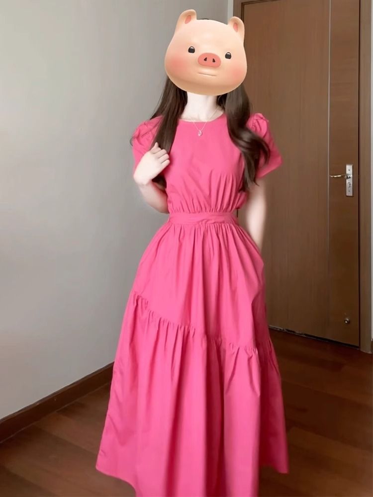 法式收腰a字泡泡袖連衣裙子女夏2025新款小個子顯瘦初戀仙女長裙