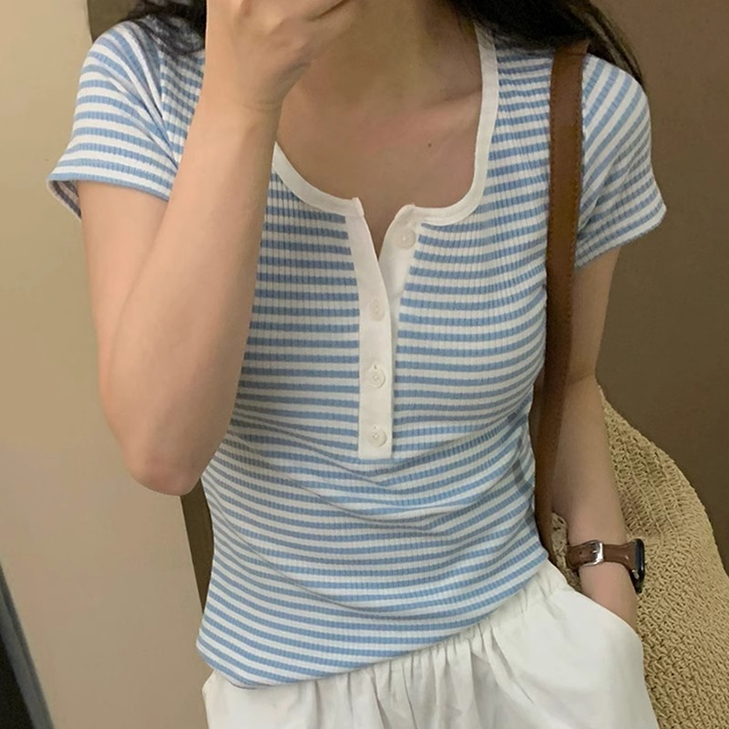 夏季甜系正肩條紋紐扣圓領短袖t恤女修身顯瘦小眾洋氣百搭上衣ins