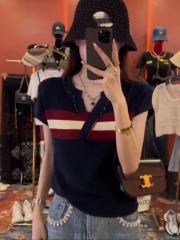 高級感時尚重工鑲鑽拼色V領針織衫女2025夏季新款不規則顯瘦上衣